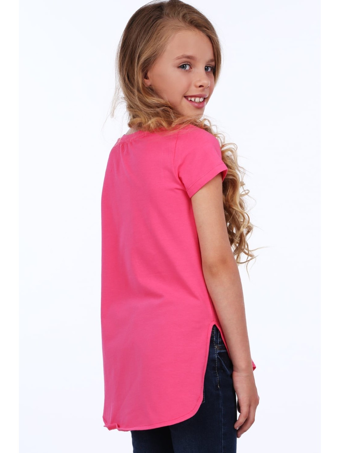 Girls\' T-shirt with a longer back, amaranth NDZ8209 - Online store - Boutique